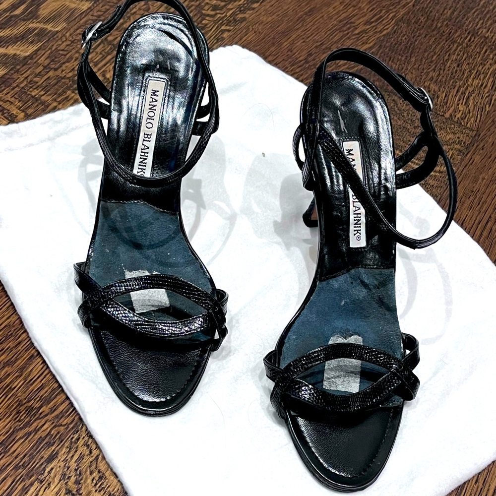 Manolo Blahnik Snakeskin/Lizard Sandals - Black (Size 38)